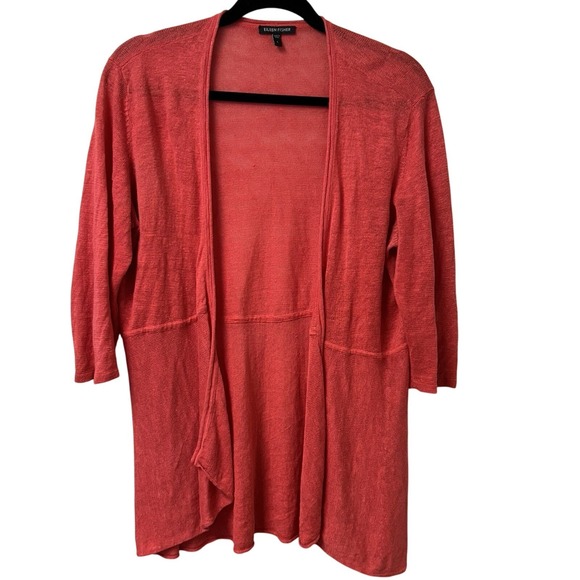 Eileen Fisher Open Front Cardigan Lightweight Fine Gauge Linen Size Large Coral - Picture 1 of 8